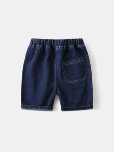 Short en jean bleu foncé pour enfants avec taille élastique et ourlet plié
