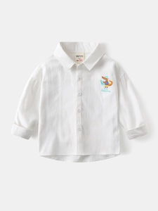 White long-sleeve cotton shirt for boys with a cartoon crocodile print and a holiday slogan