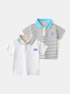 Boys Short Sleeve Polo Shirt Cotton Blend Cartoon Hippo Printed Striped Solid Color Collared Summer Casual Tops For Kids
