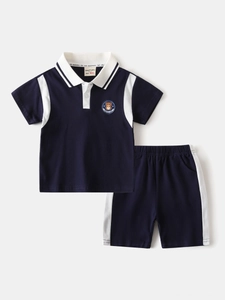 Navy blue boys' POLO shirt and shorts set with white trim and cute bear embroidery