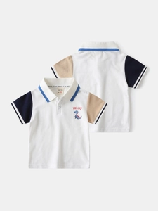 Boys color-block polo shirt with dinosaur embroidery and contrast short sleeves