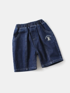 Short en jean bleu foncé pour garçons avec taille élastique et broderie chien
