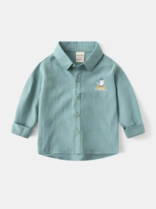 Kids long sleeve light green cotton shirt with a cartoon seagull print on the front