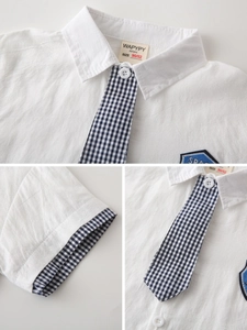 Short-sleeve white cotton shirt for boys with checkered tie and blue embroidery detail