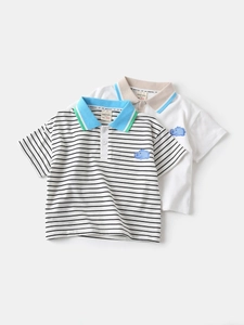Boys' short sleeve cotton polo shirts with striped pattern and cute hippo embroidery