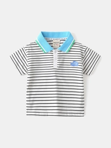 Boy's white polo shirt with black stripes and blue collar featuring hippo embroidery