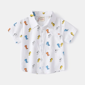 Boys Short Sleeve Cotton Shirt Summer Cartoon Dinosaur Pattern Print Button Down Casual Top For Kids Toddler Fashion Top