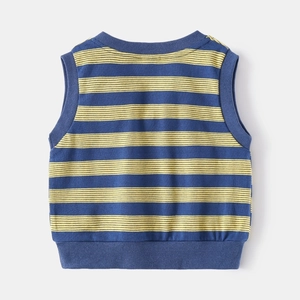 Detail view of boys' knitted cotton vest with blue and yellow wide horizontal stripes