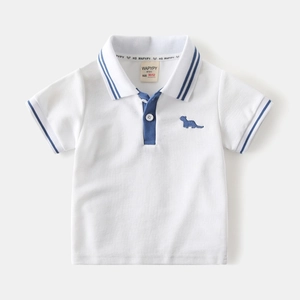 Close-up of white cotton polo shirt collar with blue stripes and dog embroidery