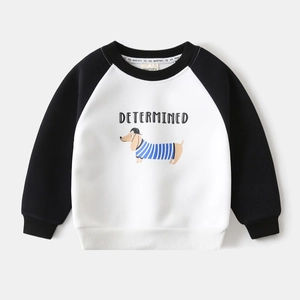 Detail of cartoon dachshund print and Determined text on kids raglan sweatshirt
