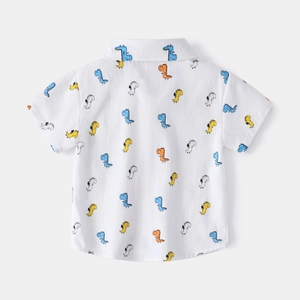 Short sleeve toddler boys dinosaur print shirt in white breathable cotton fabric