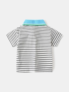 Boy's striped polo shirt with colorful contrast collar shown from a clean back view
