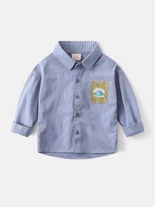 Grey-blue cotton boy's long-sleeve shirt with green dinosaur patch embroidery