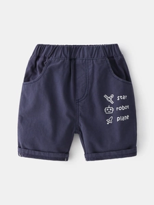 Boys Summer Shorts Cotton Blend Elastic Waist Casual Space Cartoon Print Cuffed Hem Soft Breathable Daily Shorts For Kids