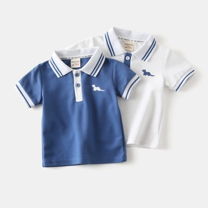 Detail view of cotton polo shirts with contrast stripe collar and animal embroidery