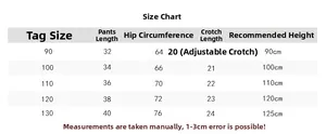 Detailed size chart for boys' denim shorts showing length, hip, and height measurements