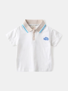 White boys short sleeve polo shirt with khaki collar and blue embroidery detail