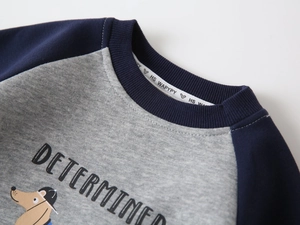 Detail of cotton raglan sleeve sweatshirt with cartoon dachshund and printed text