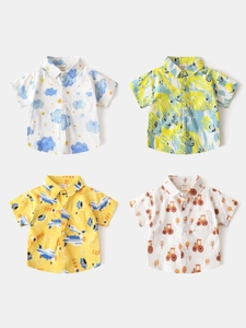 Toddler Boys Short Sleeve Cotton Shirt Cartoon Airplane Cloud Print Summer Casual Button Down Top Kids Korean Style
