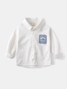 Classic white cotton long sleeve boys shirt with a purple dinosaur patch and lapel