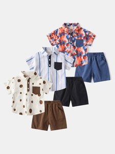 WAPYPY Boys Summer Cotton Set Short Sleeve Printed Shirt Elastic Waist Shorts Fashion Kids Casual Outfit Clothing