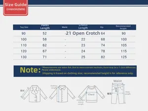 Size chart detail for boys cargo pants showing waist and length from size 90 to 130
