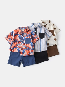 Three sets of boys summer printed shirt and shorts outfits in varied stylish patterns