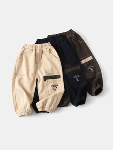 Boys Casual Cotton Cargo Pants Washed Finish Contrast Stitching Embroidery Elastic Waist Ankle Cuffed Trousers For Kids