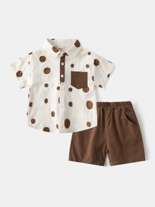 Toddler boy summer 2-piece set featuring a brown polka dot shirt and matching cotton shorts