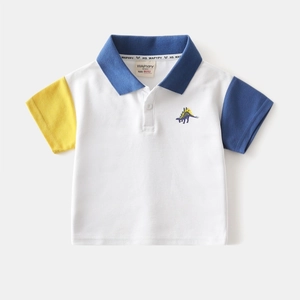 Detail of color-block kids polo shirt with dinosaur embroidery and brand neck label