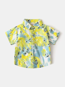 Kids' short-sleeve shirt with yellow and blue fish patterns on white breathable cotton