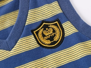 Detail of V-neck striped knit vest with premium embroidered crown crest and fine texture