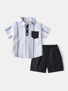 Kids boys summer 2-piece set with striped short sleeve shirt and black casual shorts