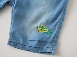 Close-up of cute dinosaur embroidery on light blue washed denim shorts for boys