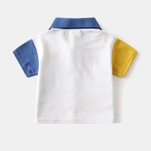Rear view detail of kids cotton polo shirt with color-block sleeves and navy collar