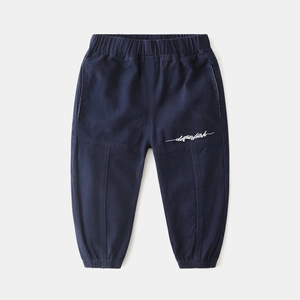 Boys navy blue cargo pants with elastic waist and stylish letter embroidery detail