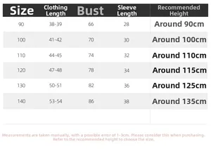 Detailed size chart for boys hooded plaid shirts with measurements for height 90cm to 140cm