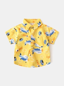 Toddler boys yellow short sleeve shirt featuring blue airplane prints and lapel collar