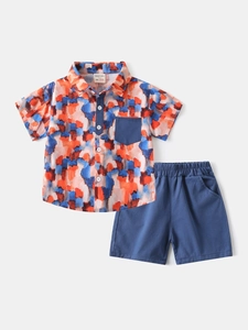 Boys summer cotton set with graffiti print shirt and navy blue shorts outfit