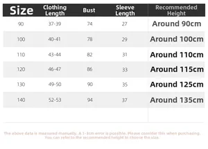 Detailed size chart for boys black and white checkered shirts showing length and bust specs