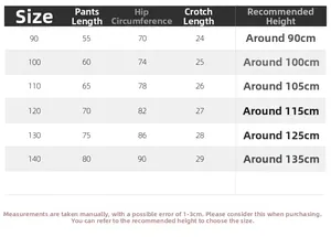 Size chart for boys loose casual pants showing length and hip measurements for 90-140cm