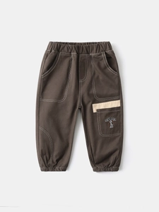 Boy's dark grey cotton jogger pants with cargo pocket and cartoon dog embroidery
