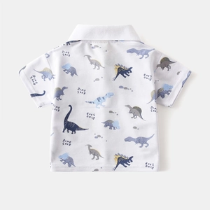 Flat lay back view of white cotton kids polo shirt with dinosaur print and ribbed collar