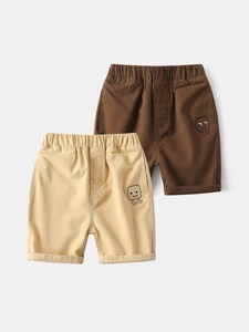 Kids cotton twill shorts in brown and beige with elastic waist and cartoon detail