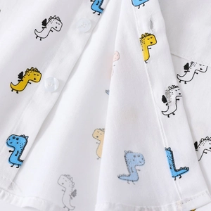 Short-sleeve white cotton shirt for toddler boys with colorful cartoon dinosaur prints