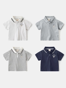 Polo à Manches Courtes pour Enfants Garçons en Mélange de Coton Décontracté Rayé Ours Traveler Imprimé Haut d'Été à Revers