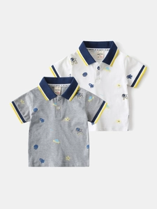Boys Cotton Blend Polo Shirt Casual Summer Short Sleeve Top Astronaut Space Theme Printed Cartoon Lapel Clothes For Children