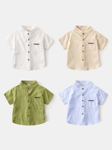Boys Summer Short Sleeve Shirt Cotton Mandarin Collar Casual Button Down Top With Embroidered Pocket For Kids
