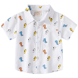 Boys white short sleeve shirt with colorful cartoon dinosaur prints and button-up front