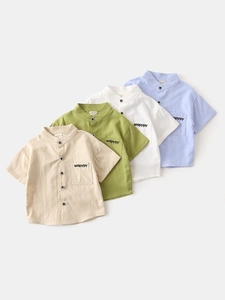 Boys short sleeve mandarin collar shirts in beige, green, white, and blue colors